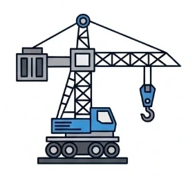 A blue and white flat-style icon of a mobile industrial construction crane.