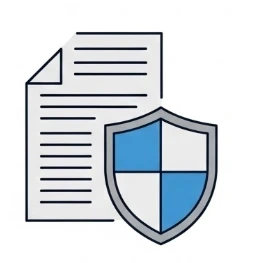 A simple icon showing a document behind a blue shield, representing insurance or compliance.