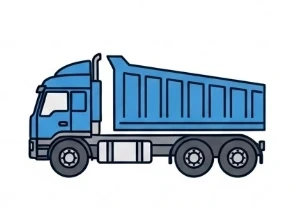 A simple blue and white line-art illustration of a heavy-duty tipper truck.