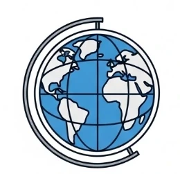 A circular icon featuring a blue globe with black latitude and longitude lines.